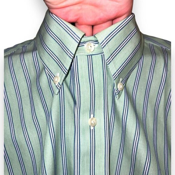 Green and Blue Striped Brooks Brothers Non-Iron Oxford Shirt Size M 16 - Picture 4 of 9